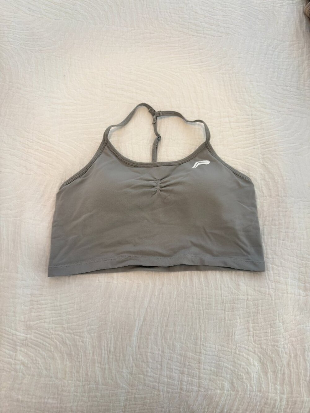 Pursue Fitness Grey Ruched Adjustable T-Back Sports Bra Size S